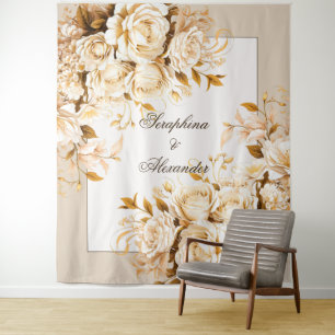 Tenture Fond de mariage floral or et ivoire élégant
