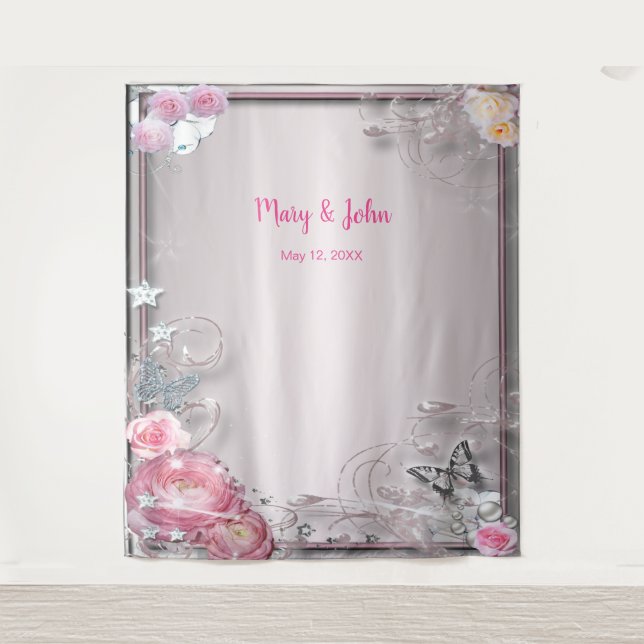 Tenture Fond de mariage floral rose et papillon (Devant)