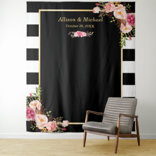 Tenture Fond de mariage floral rose pâle à rayures noires