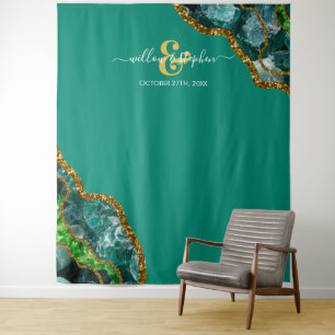 Tenture Fond de mariage géode d'agate vert émeraude et or 
