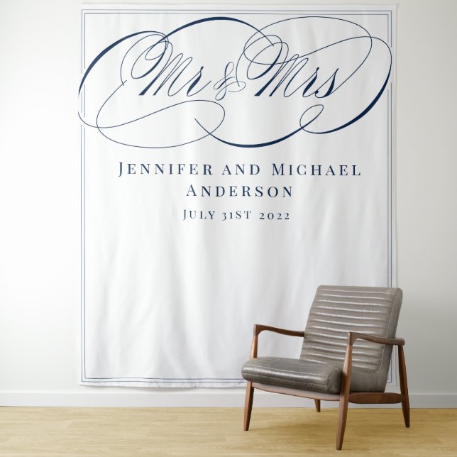 Tenture Fond de mariage M. et Mme. calligraphié blanc et m (En situation)