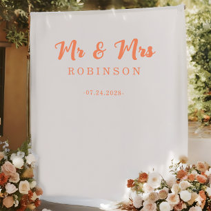 Tenture Fond de mariage moderne corail orange Mr et Mrs