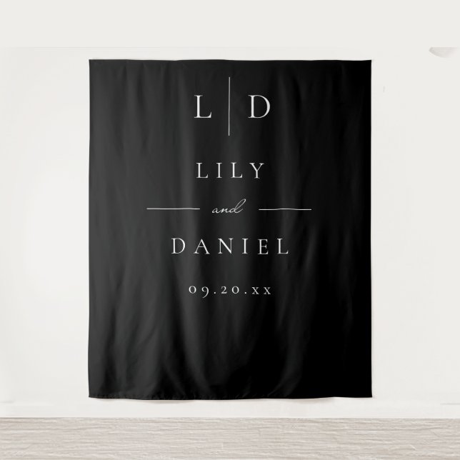 Tenture Fond de mariage moderne monogramme noir et blanc (Devant)