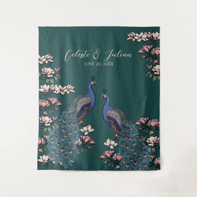 Tenture Fond de mariage moderne paon floral sarcelle (Devant)