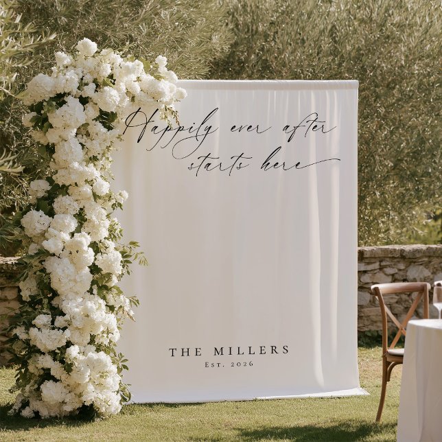 Tenture Fond de mariage moderne pour un heureux pour toujo (Black and white wedding outdoors tapestry backdrop Happily ever after starts here)
