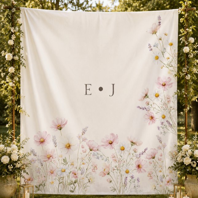 Tenture Fond de mariage monogramme aux fleurs sauvages boh (Bohemian Wildflowers Monogram Wedding Backdrop)