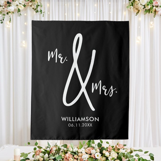 Tenture Fond de mariage noir et blanc personnalisé M. & Mm (Black and White Wedding Backdrop Mr. & Mrs. Custom
)