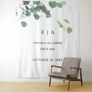 Tenture Fond de mariage, panneau de bienvenue eucalyptus