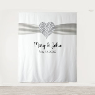 Tenture Fond de mariage ruban blanc cœur de diamant