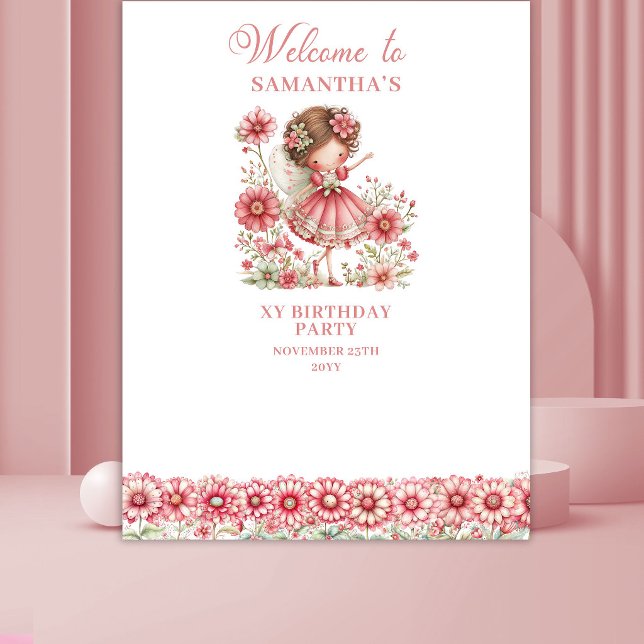 Tenture Fond de naissance fantaisiste fée rose fleurs (Whimsy Cute Fairy Pink Floral 1st Birthday Backdrop)