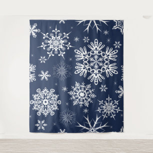 Tenture Fond de Noël à motif de flocon de neige bleu blanc