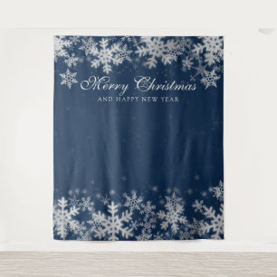 Tenture Fond de Noël Fêtes Flocons de Neige Argentés Bleu