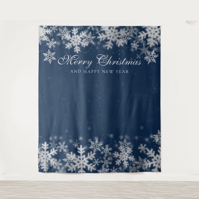 Tenture Fond de Noël Fêtes Flocons de Neige Argentés Bleu  (Devant)