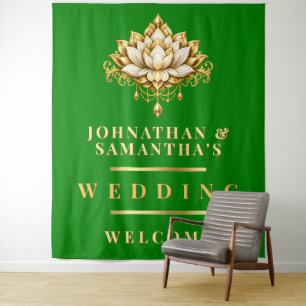 Tenture Fond de photo de mariage indien en or vert Lotus