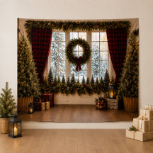 Fond de photo de Noël pour famille devant une fenê