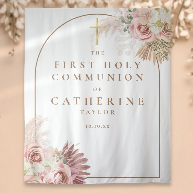Tenture Fond de photo de première communion avec herbe des (Pampas Grass First Communion Photo Backdrop)