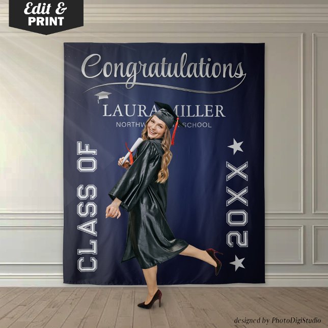 Tenture Fond de photo de remise des diplômes bleu marine e (Editable Navy & Silver Graduation Photo Backdrop)