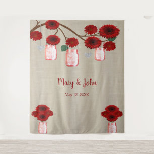Tenture Fond de photo en toile de jute rouge avec fleurs e