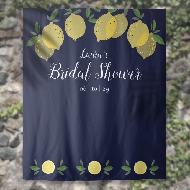 Tenture Fond de photobooth mariage naval à motif de citron (Lemons Navy Blue Bridal Shower Photo Backdrop)