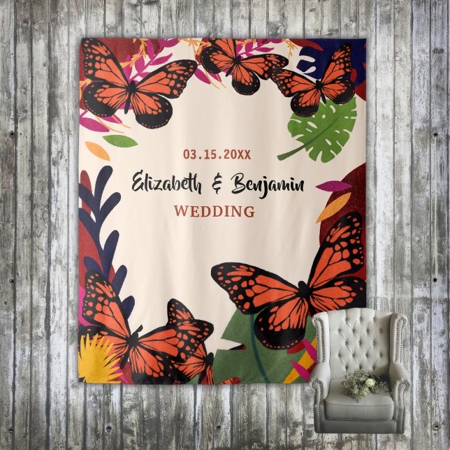 Tenture Fond de photobooth papillons floraux de mariage  (Wedding Floral Butterflies Nature Photo Backdrop)