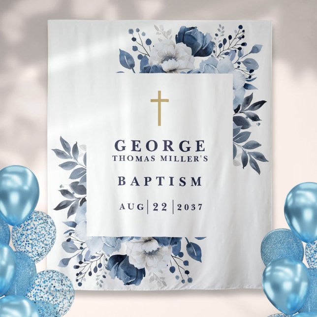 Tenture Fond de photographie de baptême botanique bleu mar (Navy Blue Botanical Baptism Photo Backdrop)