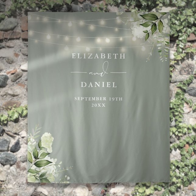 Tenture Fond de photographie de mariage avec lumières flor (Sage Green Floral Lights Wedding Photo Backdrop)