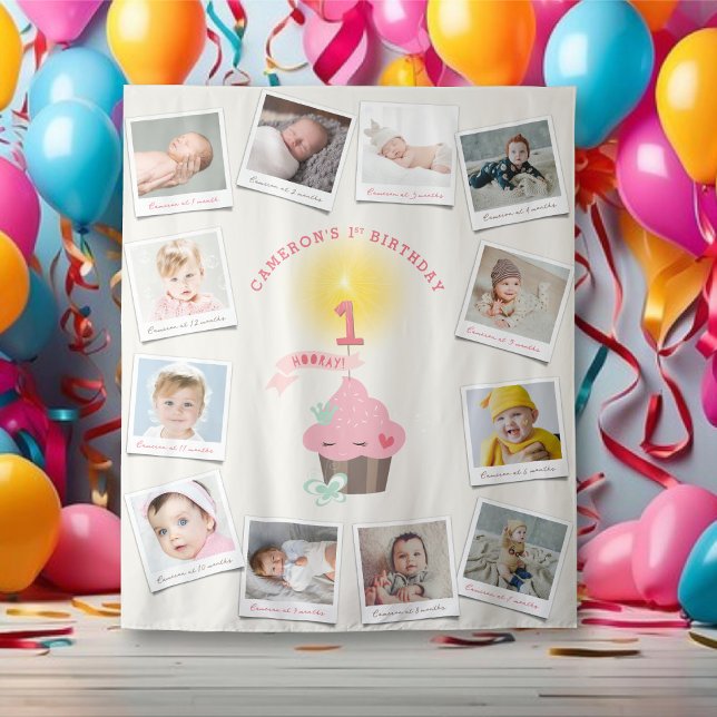 Tenture Fond de photographie pour 12e anniversaire de Made (Miss Pink Cupcake Girl's 1st Birthday 12 Photo Backdrop Tapestry @ fatfatin_mini_me)