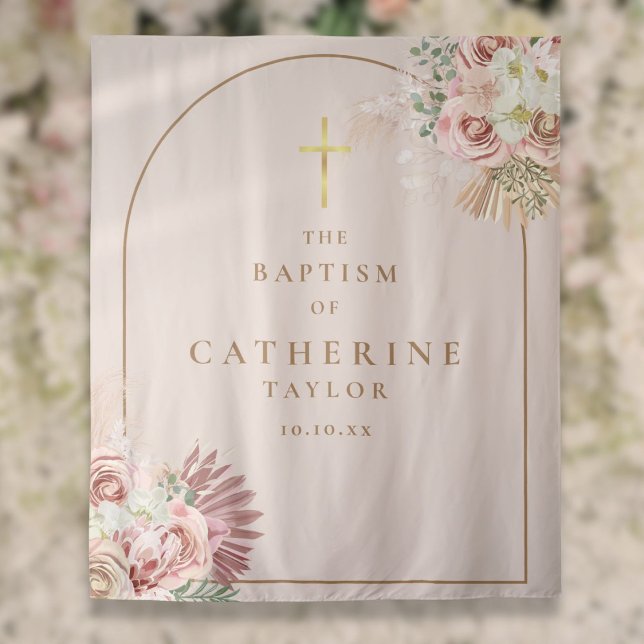 Tenture Fond de photographie pour baptême avec arche en ro (Pampas Grass Pink Gold Arch Baptism Photo Backdrop)