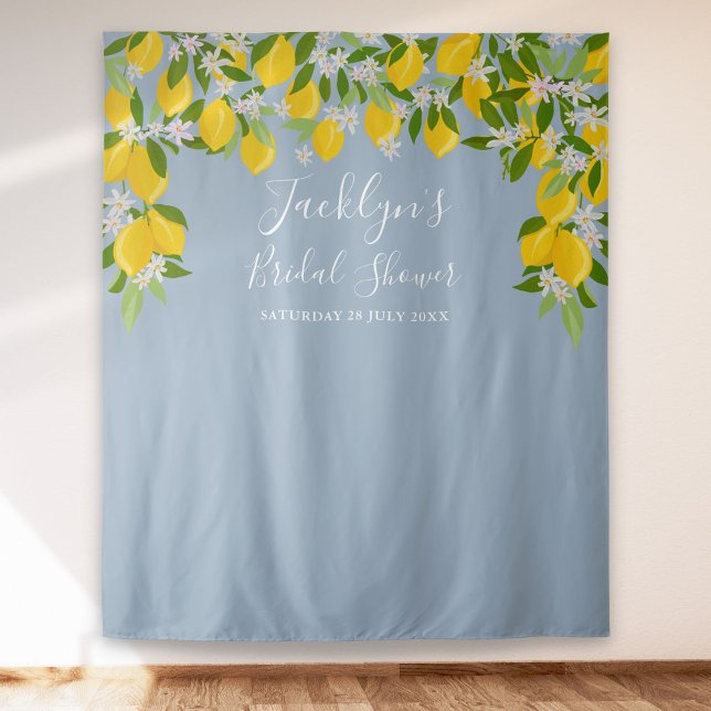 Tenture Fond de photographie pour mariage de citrons bleu  (Dusty Blue Lemons Bridal Shower Photo Backdrop)