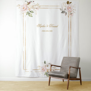 Tenture Fond de photomaton à cadre doré et fleurs rose pâl