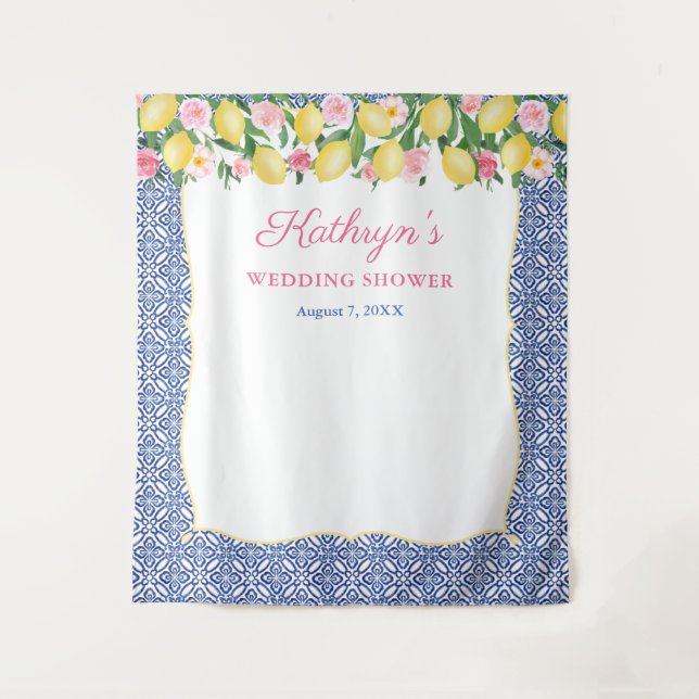 Tenture Fond de Photomaton avec Carreaux Bleus et Citrons  (Devant)