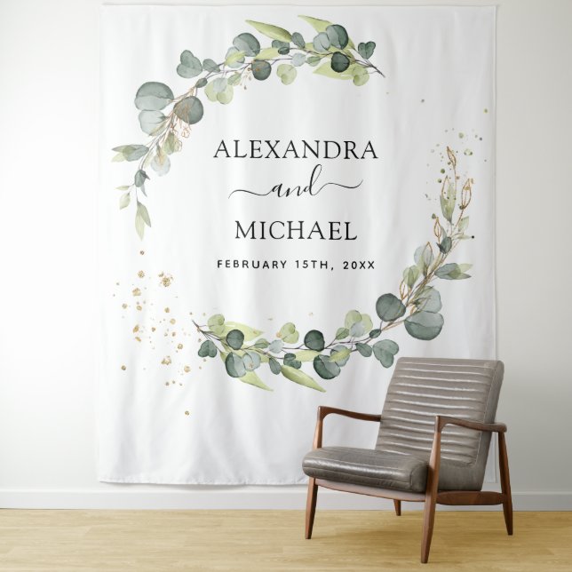 Tenture Fond de photomaton de mariage à l'eucalyptus (En situation)