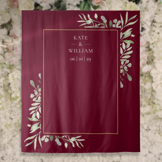Tenture Fond de photomaton de mariage avec verdure de Bour (Burgundy Greenery Wedding Photo Booth Backdrop)