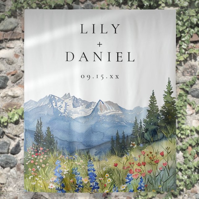 Tenture Fond de photomaton de mariage montagnes aquarelles (Watercolor Mountains Wedding Photo Booth Backdrop)