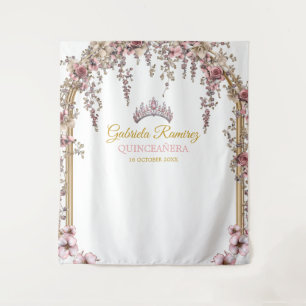 Tenture Fond de Quinceañera Floral Doré Rose Pâle