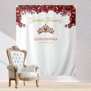 Tenture Fond de Quinceañera Floral Doré Rouge