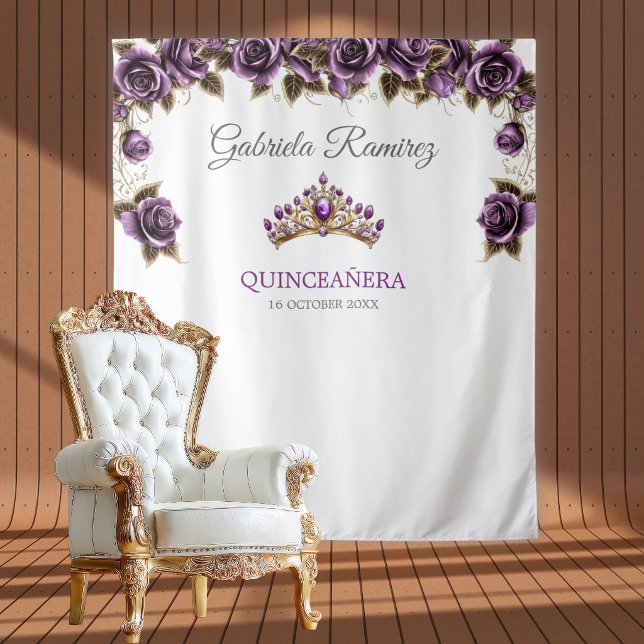 Tenture Fond de Quinceañera Roses Couronne Dorée Violette (Créateur téléchargé)