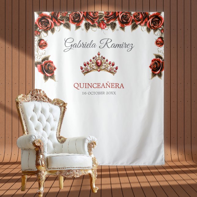 Tenture Fond de Quinceañera Roses Couronne Rouge Dorée (Créateur téléchargé)