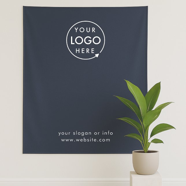 Tenture Fond de répétition de pas de entreprise bleu marin (Navy blue company branded backdrop tapestry fabric drape signage for small business promotion.)