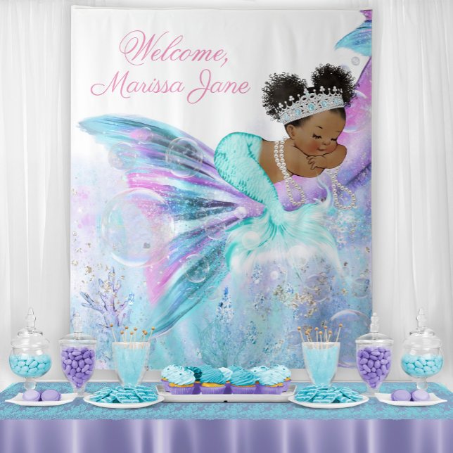 Tenture Fond de salle pour Baby Shower Sirène Afro Bannièr (You can change the text as needed for your event.)