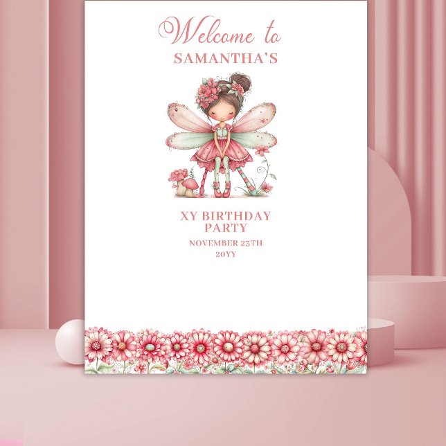 Tenture Fond de scène anniversaire pour 2 ans avec fleurs  (Whimsical Pink Fairy Flowers 2nd Birthday Backdrop)