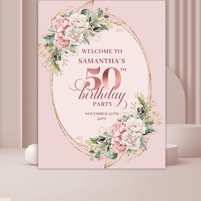 Tenture Fond de scène de 50e anniversaire avec blush botan (Stylish Botanical Blush 50th Birthday Backdrop)