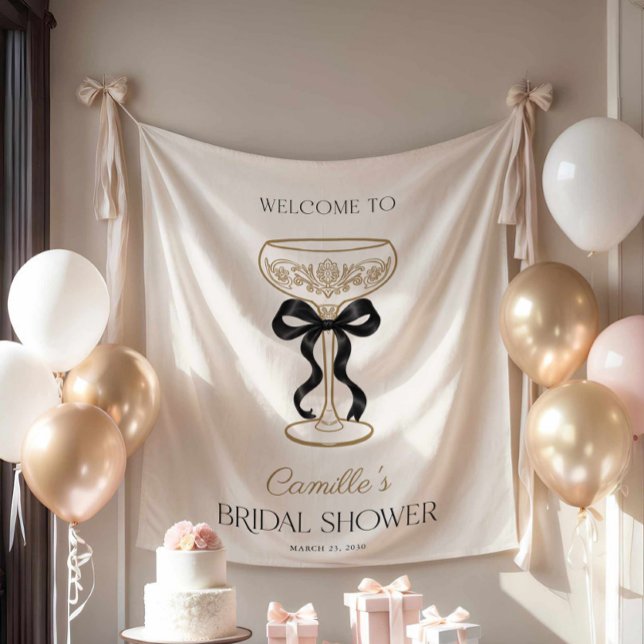 Tenture Fond de scène de baby shower de mariage noir et ch (bows and bubbly welcome backdrop sign
)