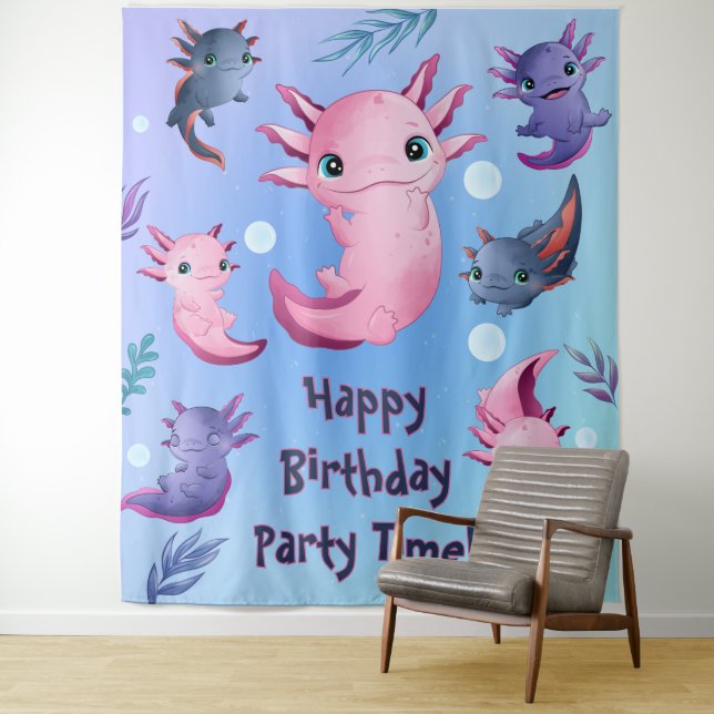 Tenture Fond de scène de fête d'anniversaire de Axolotls B (En situation)