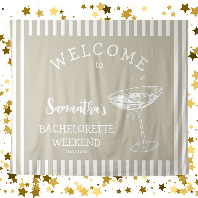 Tenture Fond de scène de fête de bachelorette beige rétro  (Retro Modern Bachelorette Party Backdrop Tapestry in neutral and simple beige and white stripes)
