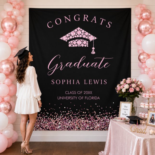 Tenture Fond de scène de fête de remise de diplômes avec d (Elegant Pink Diamonds Graduation party backdrop)