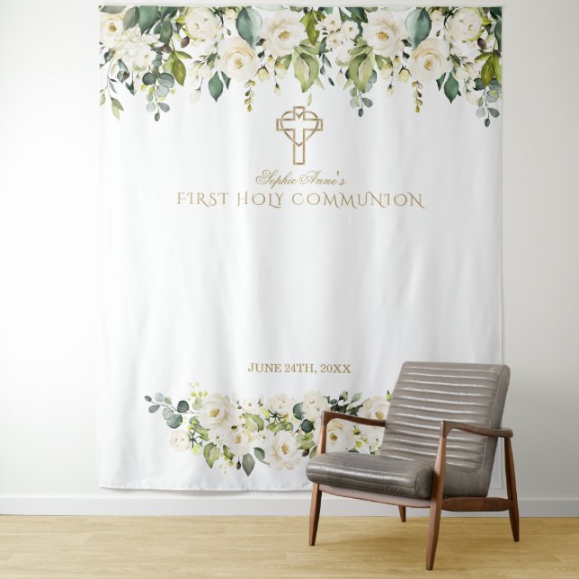 Tenture Fond de scène de première communion aux fleurs bla (En situation)