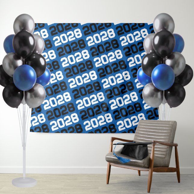 Tenture Fond de scène de promotion de fin d'études bleu et (Blue and Black Graduation Repeating Class Year Party Backdrop)