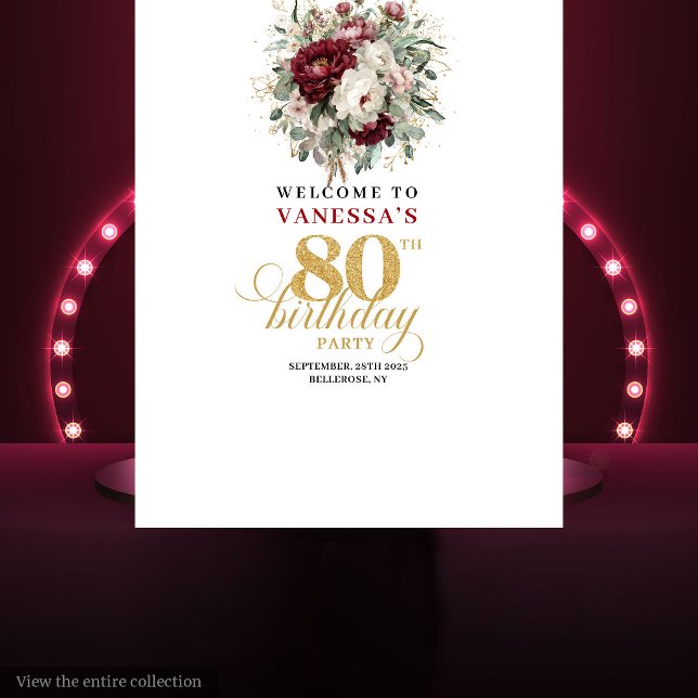 Tenture Fond de scène élégant bordeaux à fleurs pour 80e a (Stylish Burgundy Floral 80th Birthday Backdrop)