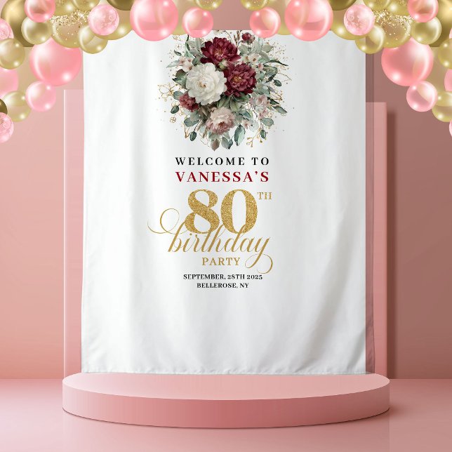 Tenture Fond de scène élégant bordeaux aux fleurs pour 80e (Chic Blush Burgundy Floral 80th Birthday Backdrop)